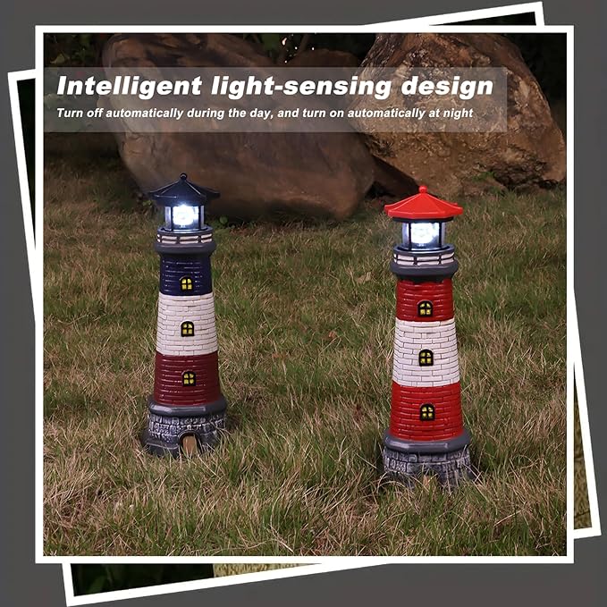 Solar Lighthouse Garden Outdoor Statues, Waterproof Lawn Lights Decor; Automatic Rotating Solar Lights for Yard, Patio, Ground, Tabletop Decoration; Unique Housewarming Gifts - Black