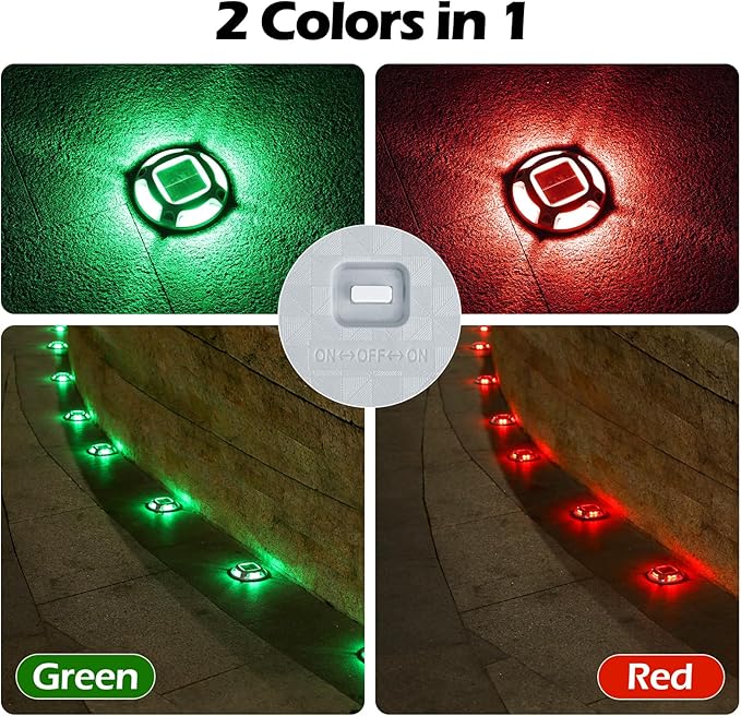 AGPTEK Solar Driveway Lights Outdoor 1 Pack, 2 Color Modes LED Deck Dock Marine Waterproof Security Marker Lights for Step Sidewalk Stair Garden Pathway Walkway Yard(Green/Red)