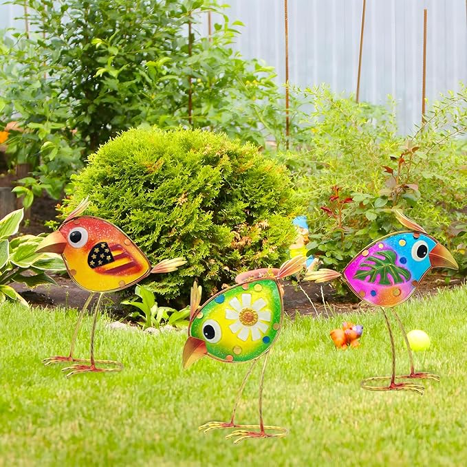 Garden Decor Metal & Glass Bird Decor for Indoor & Outdoor Set of 3 Birds, Lawn Ornaments for Patio Yard Porch, Outdoor Statue Decorations