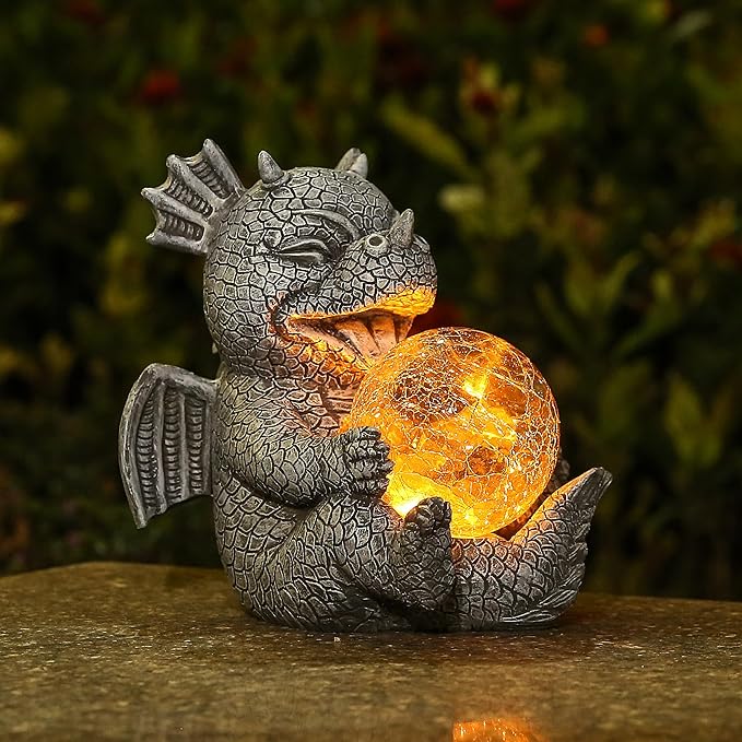 Solar Powered Dragon LED Light Garden Statue Outdoor Decorative Sculpture with Crackle Glass Ball Waterproof Yard Art Decor for Patio Lawn