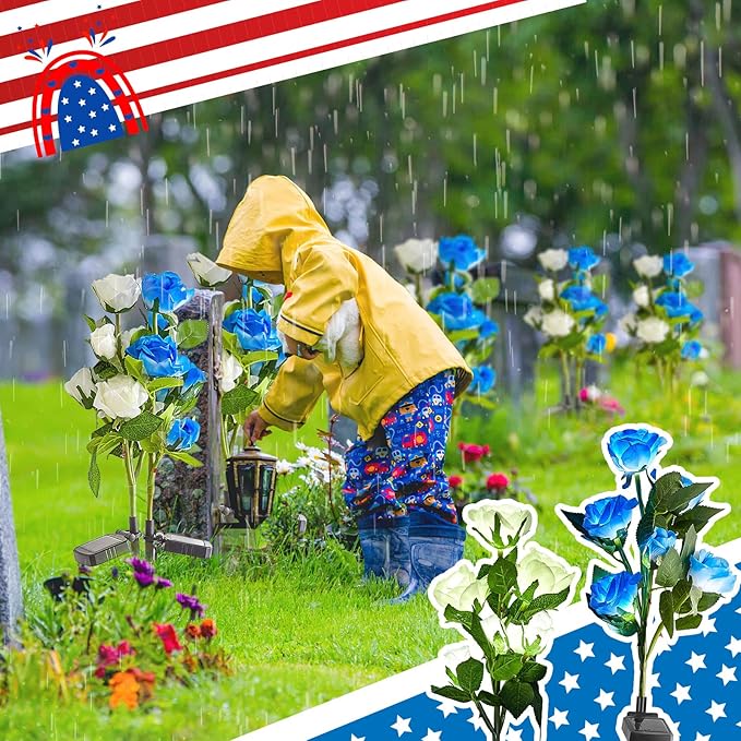 Woanger 4 Pcs Solar Flowers Cemetery Grave Decorations Outdoor LED Flower Lights with 6 Rose Powered Garden Stake Lights Waterproof for Independence Day Grave Decorations(Blue, White)