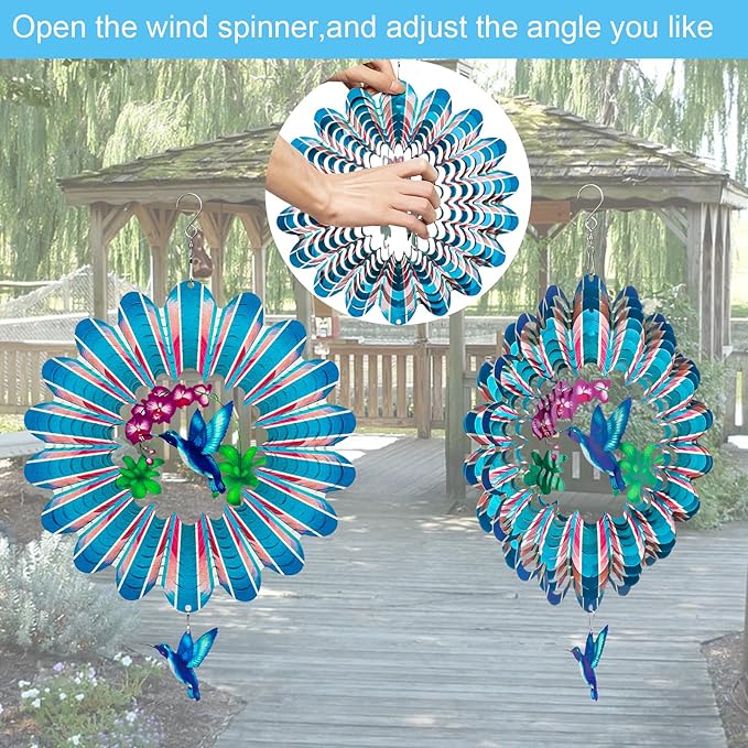 TUOKING Hummingbird Wind Spinners Outdoor Garden Decor 12 Inch 3D Hanging Wind Sculpture Stainless Steel Wind Spinner for Yard and Garden Decoration Worth Gift for Women