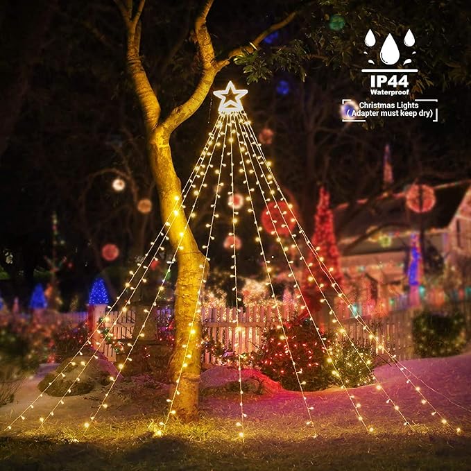 Toodour Christmas Decorations Outdoor Star Lights, 317 LED 10ft X 9 Waterfall Tree Lights with 12" Topper Star, 8 Lighting Modes Outside Christmas Lights for Yard Garden Holiday Decor (Warm White)