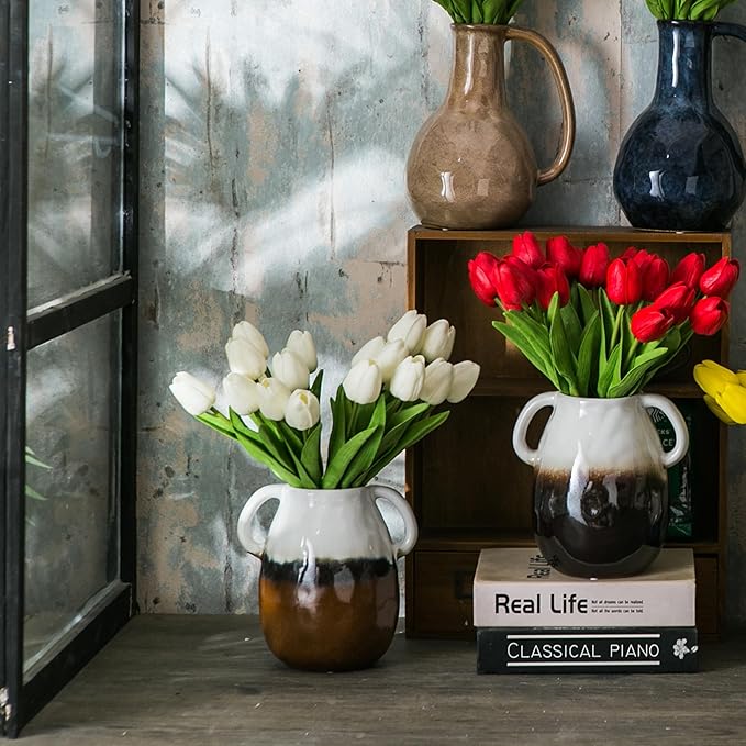 Multi Gradient Ceramic Vase with 2 Handles, Modern Farmhouse Decor, Rustic Terracotta Pottery, Decorative Flower Vases, Clay Small Vase, Centerpiece for Dining Table - 7 Inch Tall