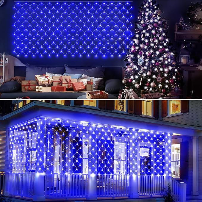 KNONEW Christmas Net Lights 360 LEDs 13ft x 9.8ft Outdoor Mesh Lights Connectable Waterproof 8 Modes & Timer Plug-in Net Fairy Lights for Bushes Garden Party Wedding Holiday,Blue