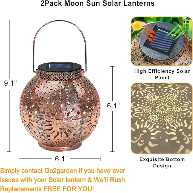Go2garden Outdoor Solar Lanterns Waterproof Garden Gifts Women Yard Decorations Metal Moon Sun Hanging Solar Lights for Patio, Balcony, Tabletop,Birthday Mothers Day Gifts for Mom (Bronze,2Pack)