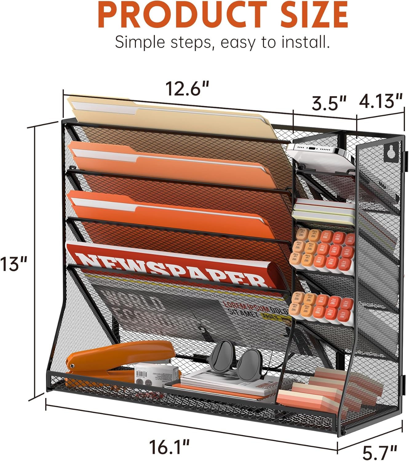 SUPEASY Wall File Organizer, 5-Tier Desk Organizer with 4 Pen Holders, Wall Organizer for Office with R-shaped Bottom Tray, Desk Organizers and Accessories for Office Supplies, Black