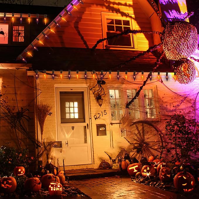 27.8 FT Halloween Decorations, C7 Clear Orange and Purple Halloween Lights, Flickering Flame String Lights Outdoor, E12 Screw Base, Flame String Lights for Halloween Garden Patio Party Decor, Black