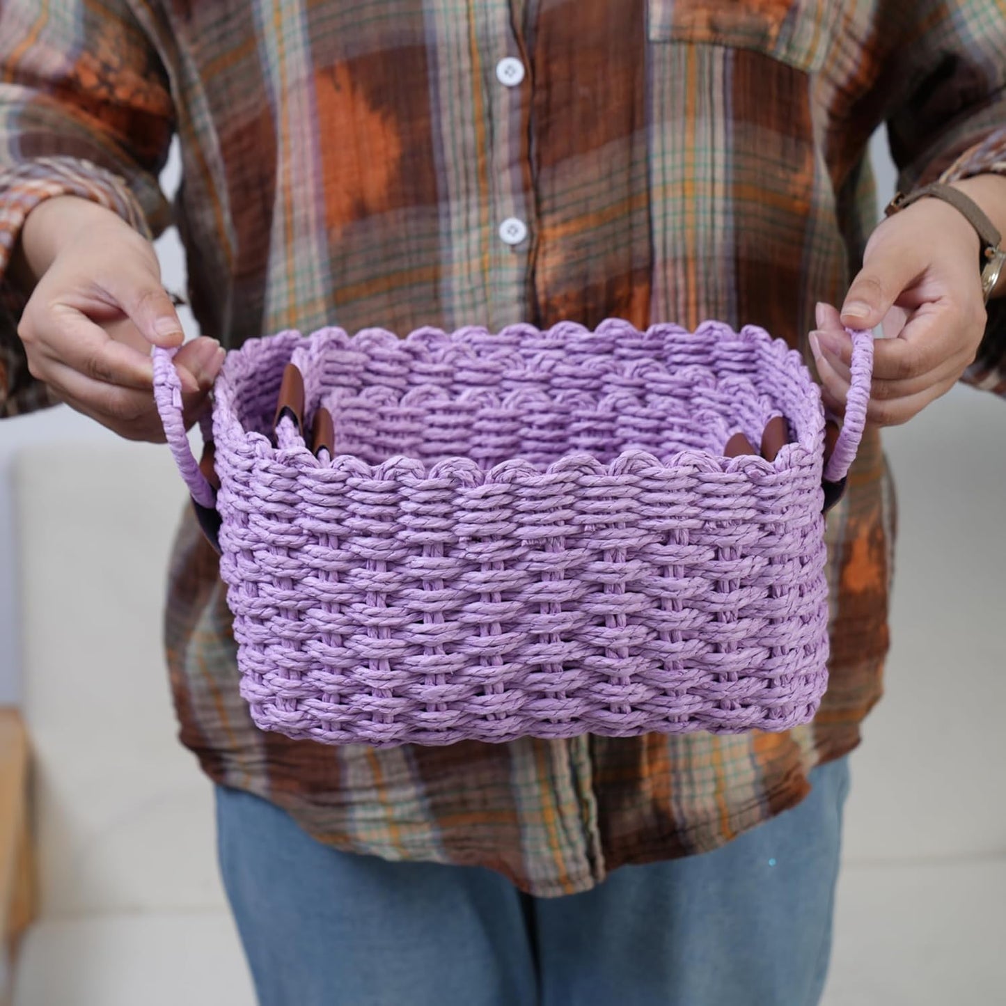 Small baskets for Organizing,Cute woven Storage basket with recycled paper rope for Shelves Bathroom,Little decorative basket,Set of 3 (Purple)