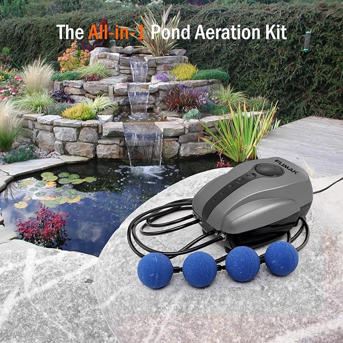 Pond Air Pump Pond Aerators for Outdoor Ponds up to 2000 Gallons, Flow Adjustable Pond Aerator Pump All-in-One Pond Aeration Kit with Airline Tubing Air Stones Check Valves