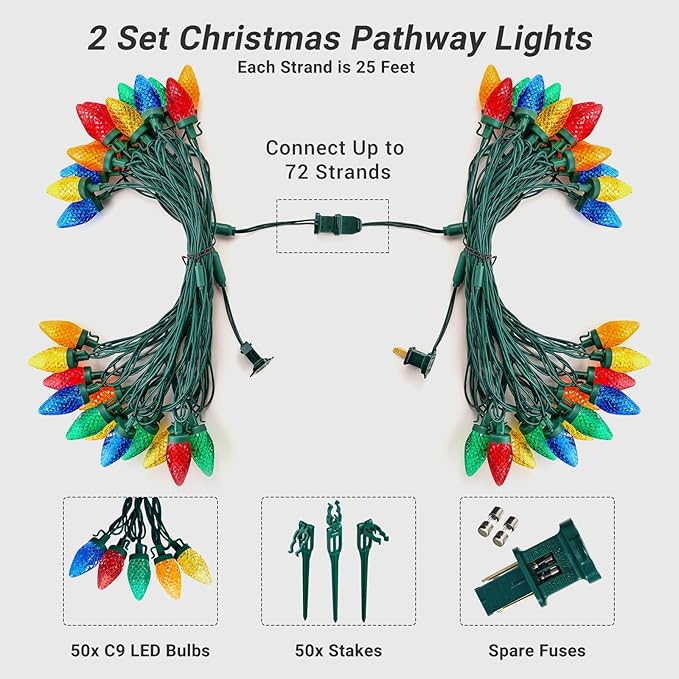 SURAIELEC 2 Pack Christmas Pathway Lights Outdoor, Total 50FT 50 LED C9 Christmas Lights with Stakes, Connectable Ground Lights for Yard, Walkway, Driveway Decor, Multicolored, UL Listed