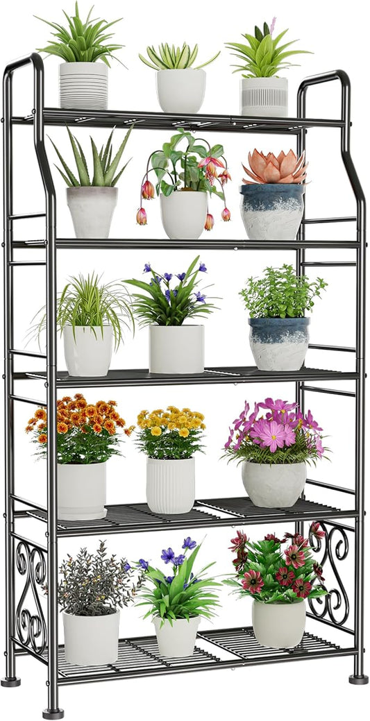 GIOTORENT Plant Stand Outdoor Indoor 5 Tier Metal Waterproof - 53.2" Plant Shelf for Patio, Balcony, Living Room, Large Capacity Tiered Plant Rack, Black