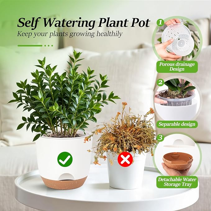 5.8 Inch Self Watering Planters for Indoor Plants with Bottom Watering,2Pack Flower Plant Pots for Outdoor with Drainage, Durable Plastic planters Pots(White)