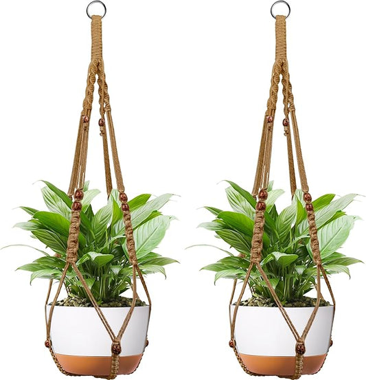 43 Inch Macrame Plant Hanger - Fits 6-15 Inch Pots, Extra Long Hanging Planter Holder for Indoor Outdoor, with Red Wood Beads, Boho Home Decor, 2 Pack, Brown (POTS NOT Included)