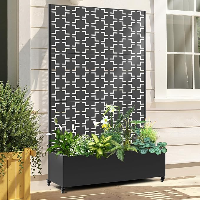 Raised Garden Bed with Trellis and Wheels,73"x47"x16" Metal Raised Garden Bed,Black Squared Metal Planter with Climbing Trellis for Vines & Vegetables
