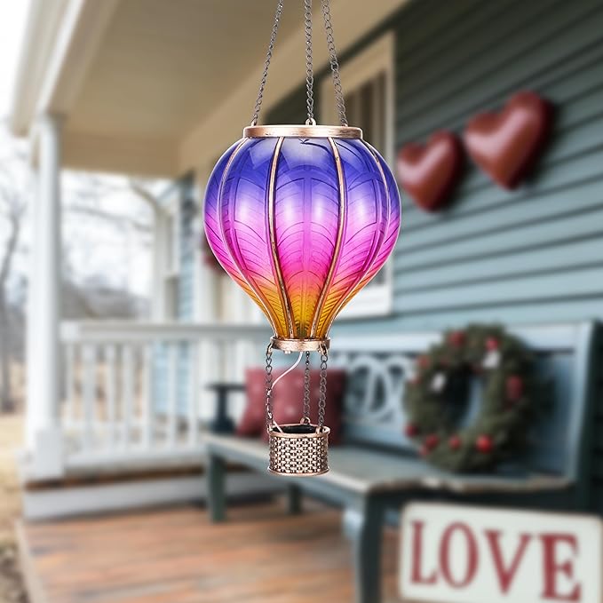 TERESA'S COLLECTIONS Hot Air Balloon Solar Lantern for Garden Decor ,Flickering Flame Hanging Solar Light for Outdoor ,Purple & Pink Plastic Lamp for Yard Tree Gift for Mom