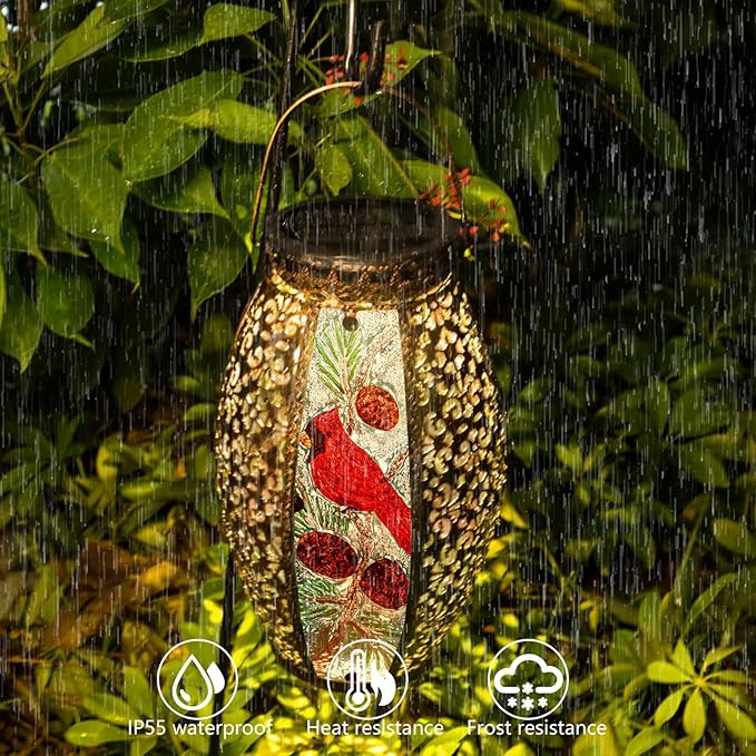 Outdoor Solar Lantern-Waterproof Cardinal Hanging Metal Decorative Lights for Patio Table Garden Pathway Yard with Super Bright Warm White LED, Large Solar Panels, Auto On/Off Sensor