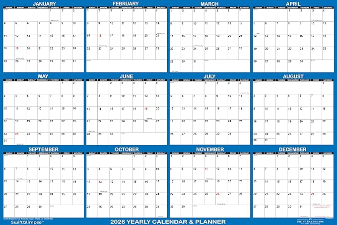 24" x 36" SwiftGlimpse 2026 Paper Folded Wall Calendar Large 12 Month Annual Yearly Wall Planner, Reversible, Horizontal/Vertical, Navy