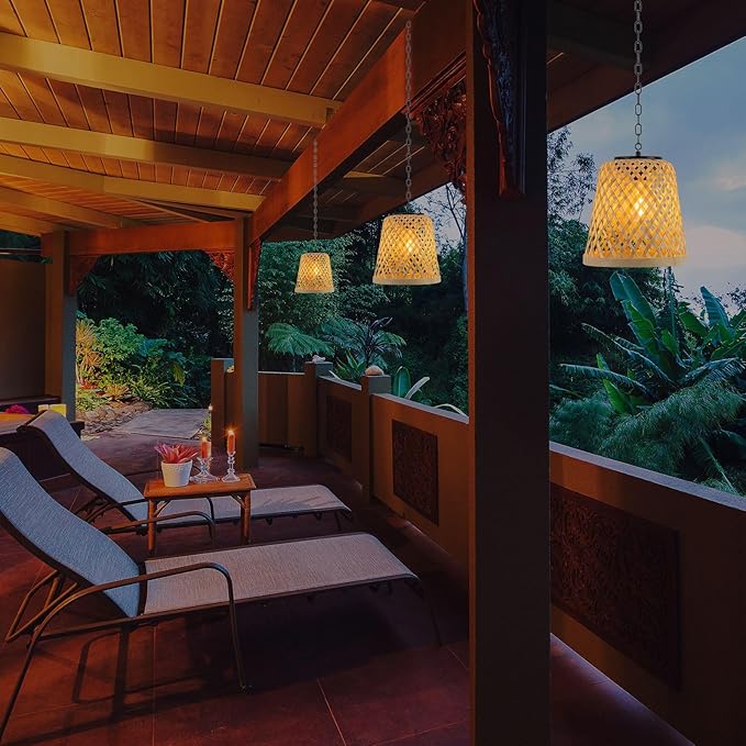 pearlstar Solar Hanging Lanterns Outdoor Gazebo Lights Rattan Woven Chandelier Solar Lamp Waterproof Outside for Porch Garden Patio Yard Farmhouse Decoration, 2Pack