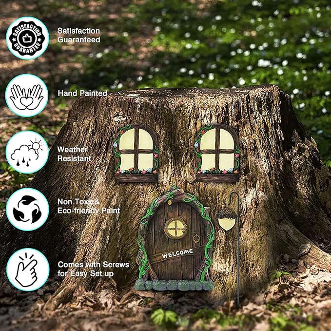 Resin Fairy Door & Window Set with Glow in The Dark Windows, Miniature Sculpture for Trees, Outdoor Decor Accessories