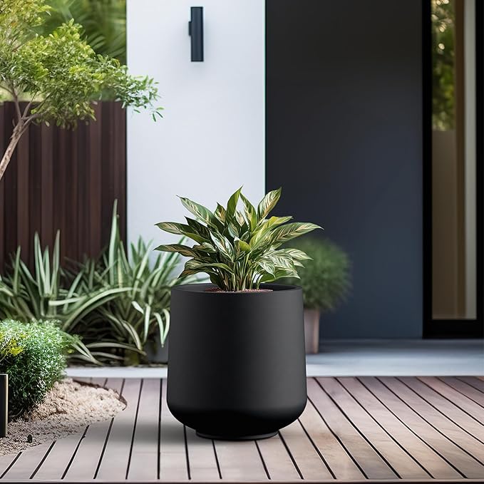 Kante 15.3" Dia Round Concrete Planter, Outdoor Indoor Large Plant Pots Containers with Drainage Hole and Rubber Plug for Home Garden Patio, Black