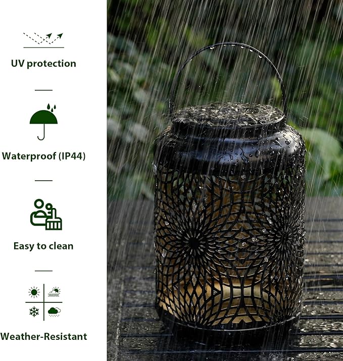Glitzhome Solar Lantern Black Metal Cutout Scrollwork Outdoor Hanging Solar Light with Handle for Garden Patio Yard Outdoor Decor