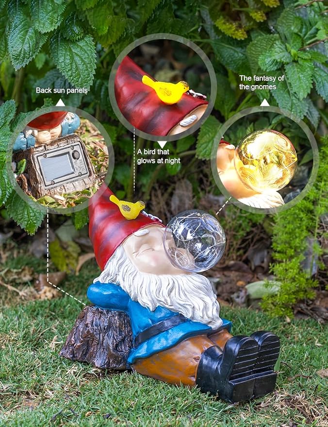 Solar Garden Statue Gnome Figurine Lights, Funny Sleepy Gnomes Dreaming, Outdoor Garden Decorations for Patio Porch，Gifts for Women Mum