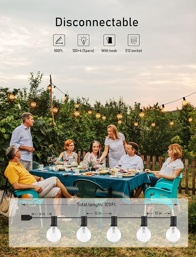 Brightown Outdoor String Lights, 100 Ft Globe Patio Lights with 104 Edison Glass Bulbs(4 Spare), UL Listed Hanging Outside Lights for Backyard Balcony Party Decor, E12, Not Connectable