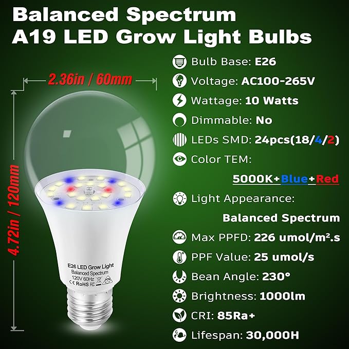 Grow Light Bulbs for Indoor Plants Full Spectrum,E26 A19 Grow LED Lamp Bulb 10W with Balanced Spectrum 5000K Red Blue for Seeds Greens Laboratory,School,Greenhouse, Indore Garden, Hydroponic,3Pack