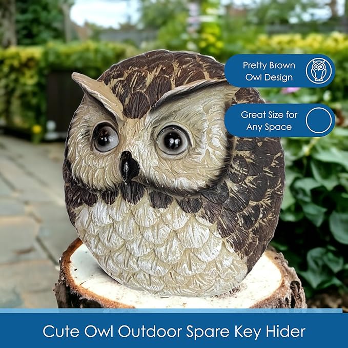 Stocky Owl Garden Decor Holds a Hidden Key Outside - Secret Magnetic Panel Key Hider