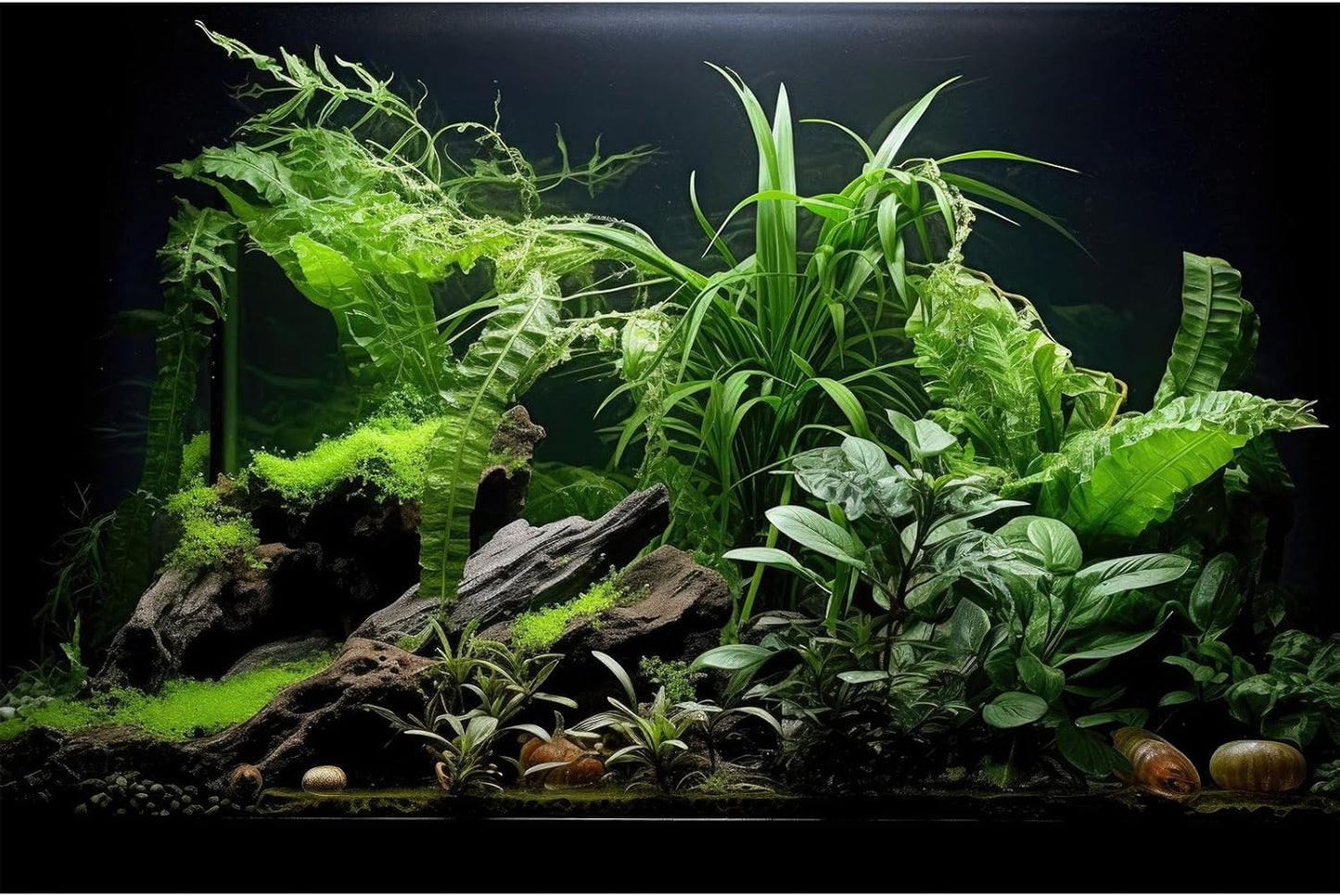 Aquarium Background Freshwater Green Plants Terrarium Background Aquatic Underwater Sea Grass Tank Background Wood Root Rock with Moss Jungle Style Fish Tank Background Poster Wallpaper 30x12in