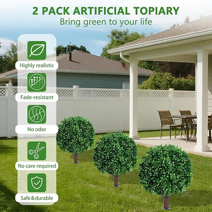 Artificial Boxwood Topiary Ball Tree Set of 2, UV Resistant Artificial Outdoor Shrubs with Spike, Decorative Evergreen Fake Topiary Bushes Plant for Front Porch Garden