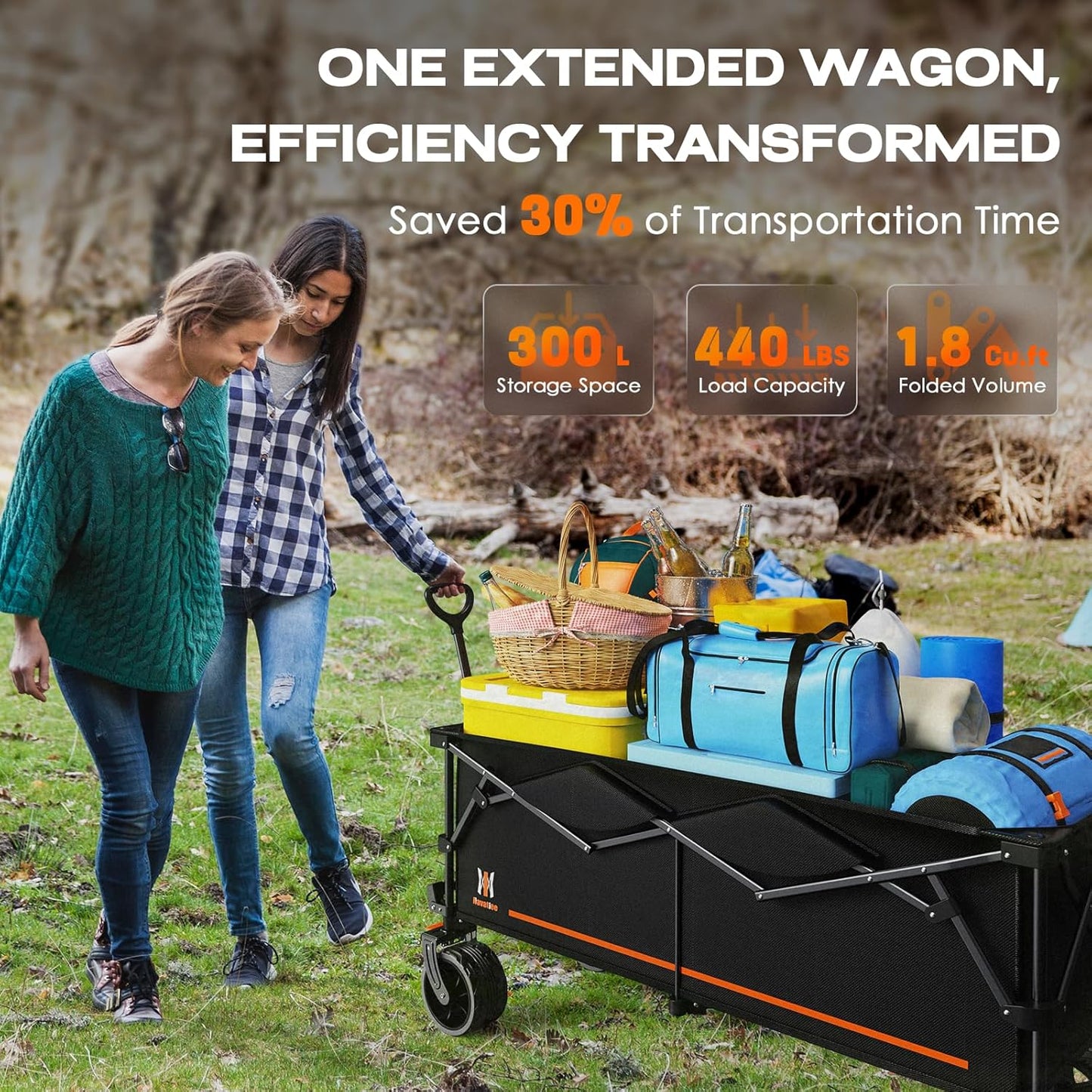 Navatiee 300L Collapsible Wagon Cart Foldable Extra Large, 48''L Folding Extended Beach Wagon with 440LBS Weight Capacity and Big All-Terrain Wheels, Heavy Duty Utility Garden Cart for Sports Outdoor