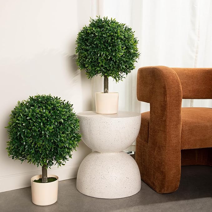 Premium 16" Diameter Artificial Japanese Boxwood Topiary – Set of 2 Faux Plants in Beige Decorative Planters – Realistic, UV-Resistant, Weatherproof Outdoor & Indoor Décor