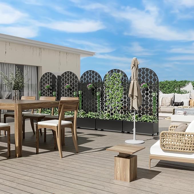 Casaphoria Metal Raised Garden Bed with Trellis and Wheels, 72"x35"x16" Arched Planter Box for Climbing Plants, Vegetables & Vines, Features Drainage Holes and Privacy Screen (Black-Brick)