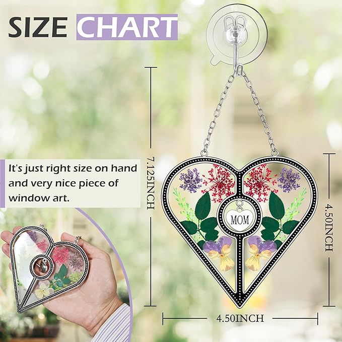 KY&BOSAM Heart Suncatcher Mom Stained Glass for Windows Hangings Wind Chimes with Pressed Flower Heart in Glass with Metal Trim Heart Charm Birthday Gifts for Women Mother`s Day Christams Home Decor