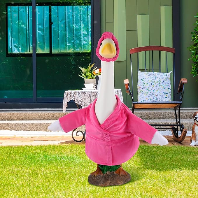 Christmas Lady Goose Outfit Bathrobe Porch Clothes for 23'' Cement Goose Outdoor Garden Yard Patio Statue Halloween Costume Decoration(Pink)