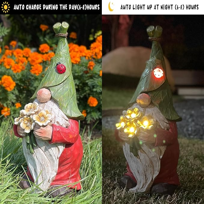 Garden Gnome Statue Outdoor Decor, Solar Garden Gnome Figurine Light, Resin Garden Statues Sculpture for Patio Yard Lawn Outdoor Garden Decorations