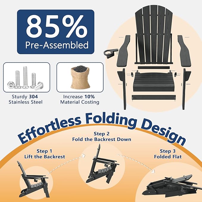 Folding Adirondack Chair Set of 3 with Cup Holder, HDPE All Weather Resistant Plastic Outdoor Patio Chairs, Heavy Duty Fire Pit Seating for Backyard Lawn Garden, Wooden Textured Design(Gray)