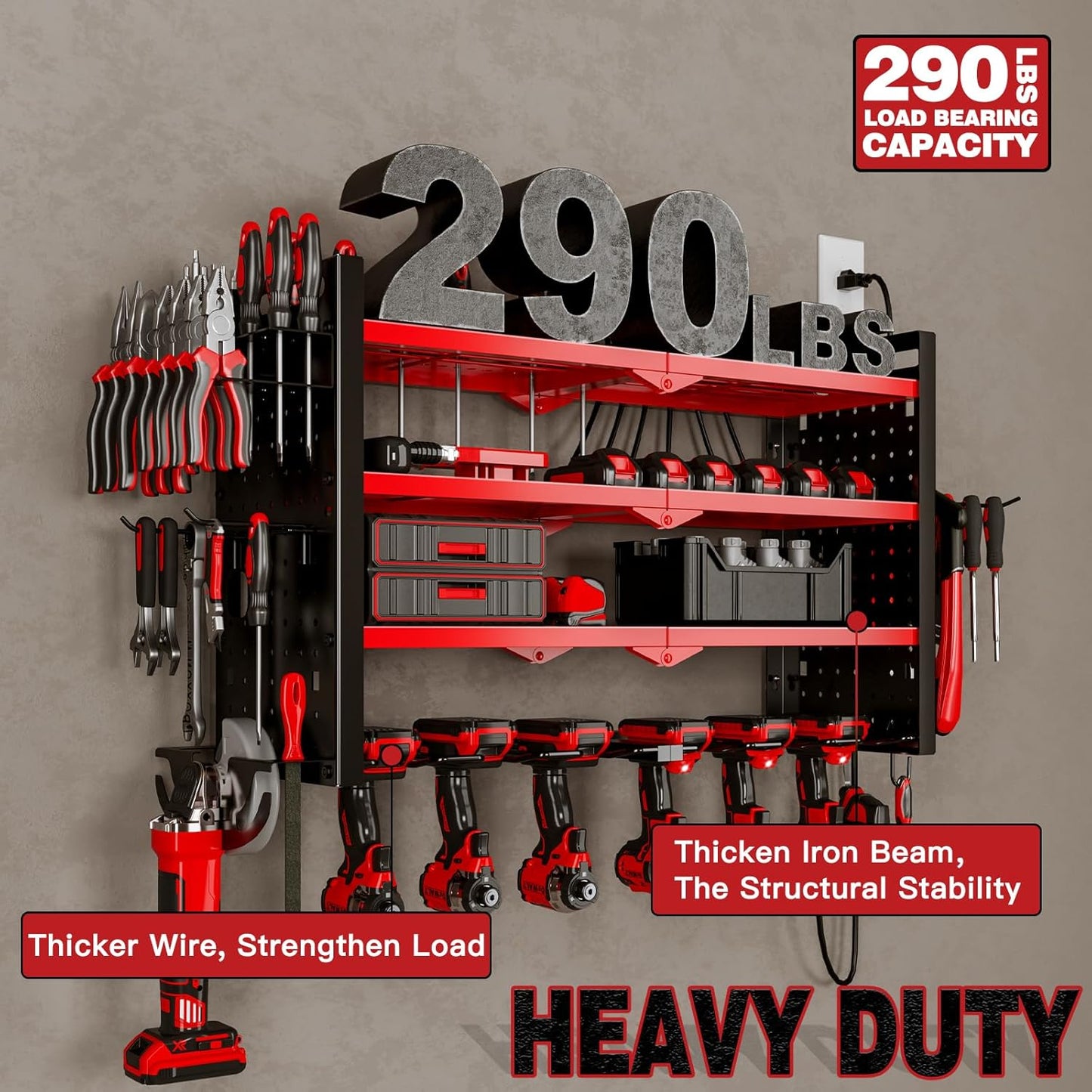 Power Tool Organizer Wall Mount with Charging Station 4 Layer 6 Slot Cordless Drill Holder with Angle Grinder Holder (Red)