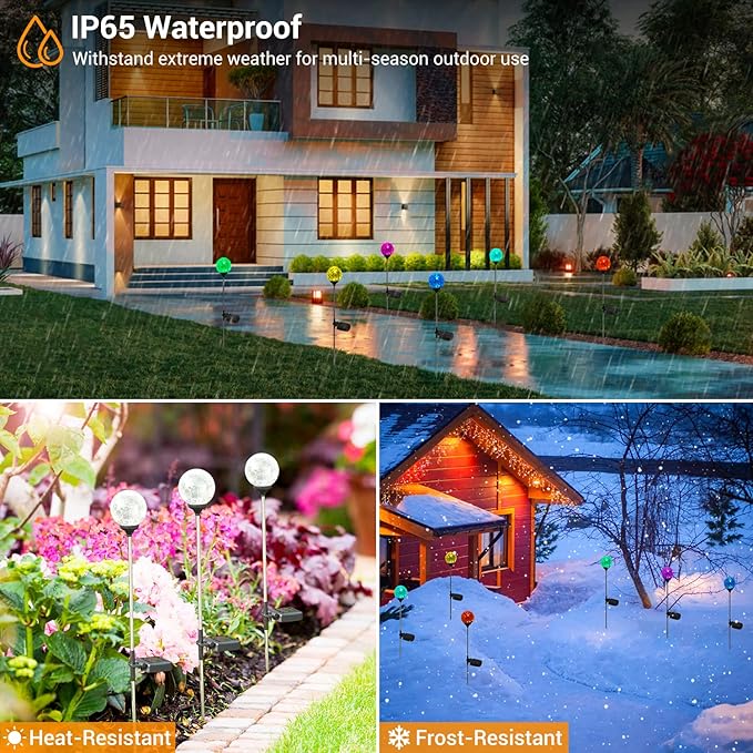 Solar Outdoor Lights - 6 Pack Crystal Cracked Glass LED Solar Garden Globe Light, Color-Changing Solar Stake Ball Light Auto On/Off, Solar Pathway Light for Landscape Patio Yard Halloween Decorations