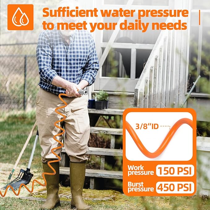 3/8” Lightweight Coil Garden Hose 50 FT, EVA Retractable Curly Water Pipe with 6-Pattern Spray Nozzle for Boat, Greenhouse, Yard, Patio (Orange)