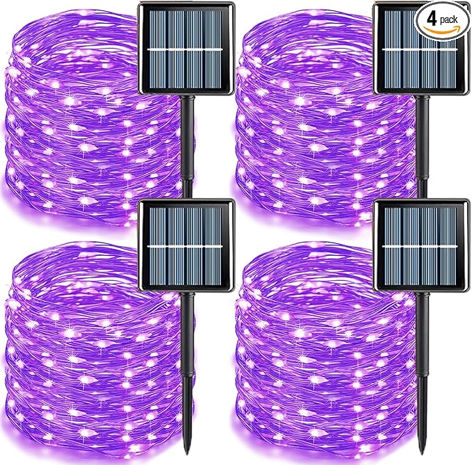 YEGUO 4 Pack Purple Solar Fairy Lights Outdoor Waterproof, Each 33ft 100 LED String Lights 8 Modes Silver Wire
