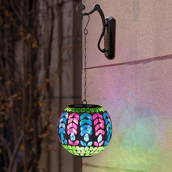 Solar Hanging Lanterns Outdoor Waterproof Glass Mosaic Gazing Ball Globe Hanging Lantern Lights for Patio Garden Yard Home Decor (Colorful)