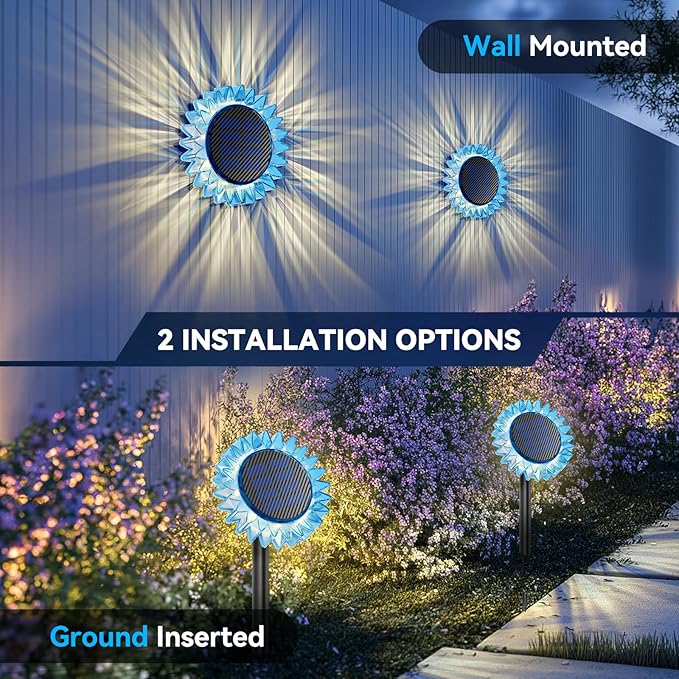 Solar Garden Lights - Upgraded Solar Sunflower Light, Ground/Wall 2-In-1, Solar Outdoor Lights Waterproof IP67,Garden Yard Patio Backyard Pathway Landscape Fence Wall Decoration, Warm White(6 Pack)