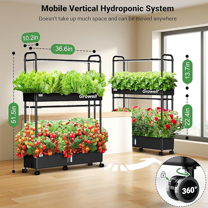 Growell Large Hydroponics Growing System Kit, 60 Pods Vertical Hydroponic Garden with 2 Light Modes Grow Light, Auto Circulating Water System, 32L Indoor Gardening System for Herb Vegetable Fruit