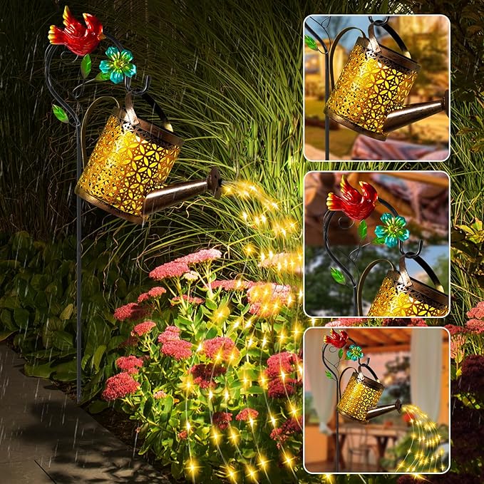 Solar Lights Outdoor, Watering Can with Cascading Lights, Watering Can with Hook Solar Lantern, Gardening Decor for Yard Patio, Gardening Gifts for Mom Grandma Women (2 Pack)