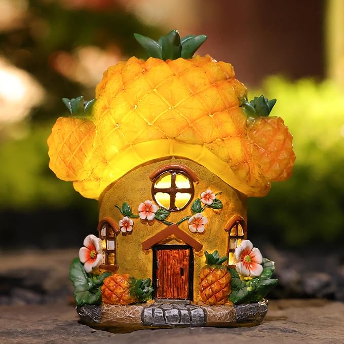 Fairy House Pineapple-Solar Garden Statues-Outdoor Decor - Fairy Garden Accessories for Porch Backyard Yard Lawn Flower Bed Decor