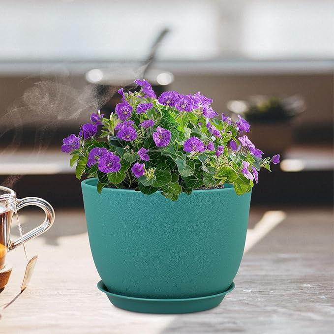 Plant Pots 12 inch, Plastic Planters with Drainage Holes and Saucers, Large Flower Pots for Indoor Outdoor Plants, Modern Decorative Pots for Garden House Plants, Blue Green