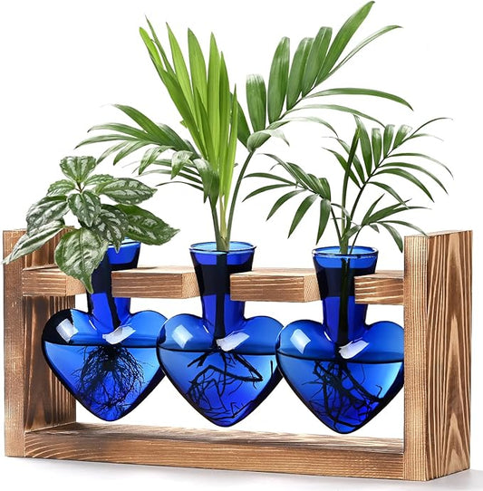 Lifecapido Heart Shaped Propagation Stations, Plant Terrarium with Wooden Stand, Plant Propagation Station for Hydroponics Plants Office Garden Home Decor, Gifts for Women Plant Lover (3 Vases, Blue)